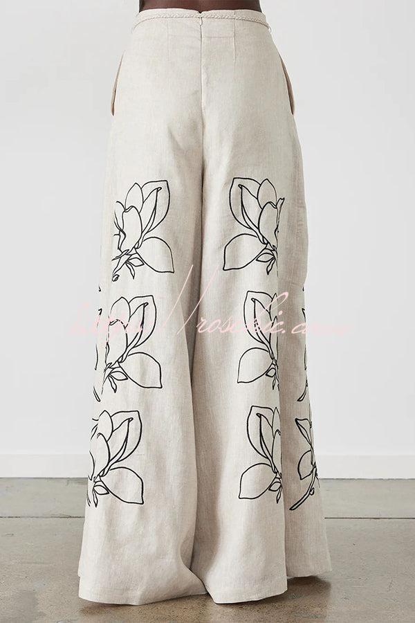 Elaina Linen Blend Print Button Pocketed Wide Leg Palazzo Pant
