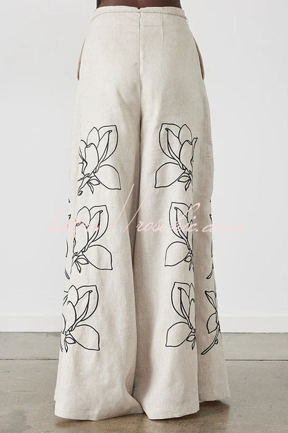 Elaina Linen Blend Print Button Pocketed Wide Leg Palazzo Pant