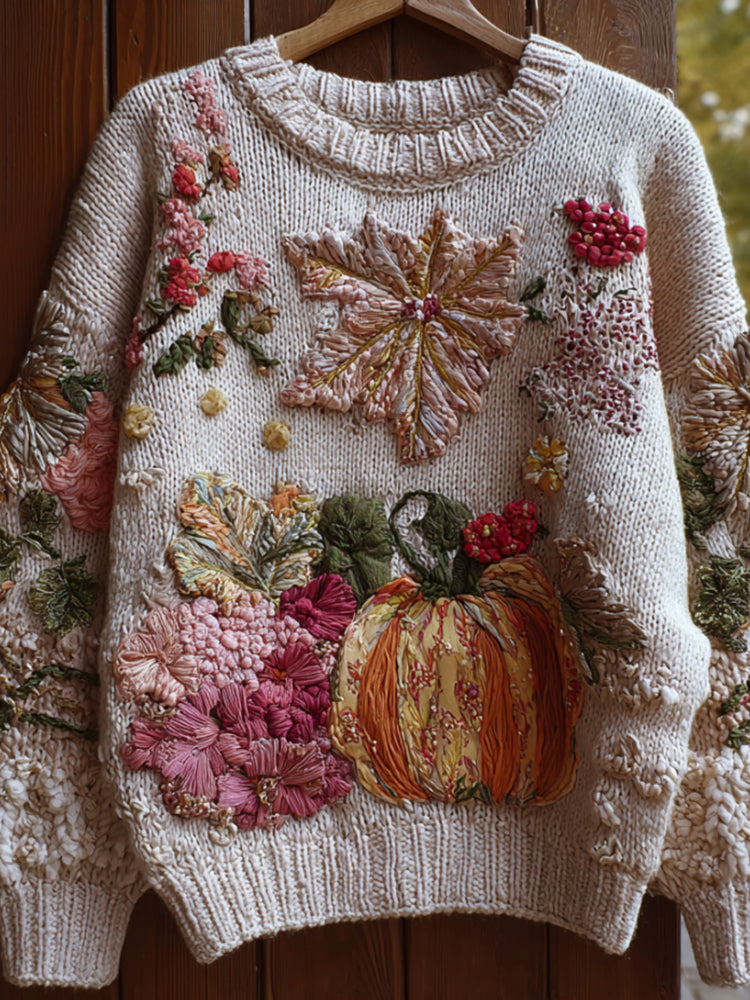 Comstylish Pumpkin And Flower Multi-color Plush Warm Round Neck Sweater