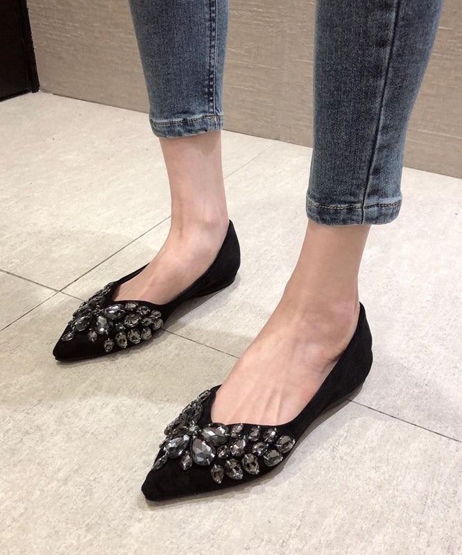 Black Flat Shoes Splicing Zircon Pointed Toe