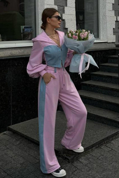 Color Block Hoodie Denim Two Piece Pants Set