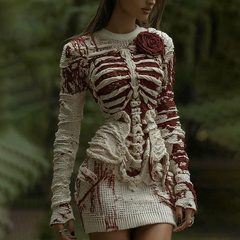 Comstylish Women's Halloween Muscle Anatomy Bandage With Rose Art Cozy Knit Mini Sweater Dress