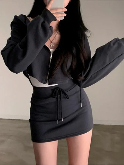 Korean 2 Piece Set Hooded Zip-up Long Sleeve Cropped Coat + Drawstring Mini Skirt Autumn Spring Outfits