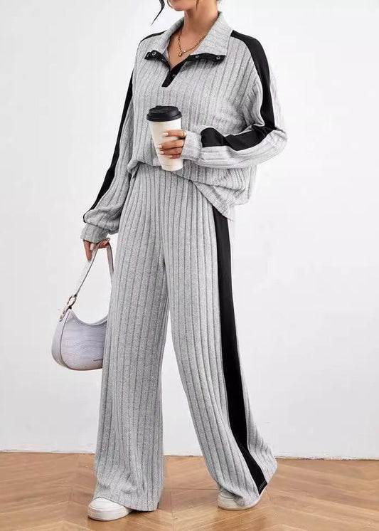 Effortless Luxe - Ribbed Knit Pullover and Wide-leg Pants Set
