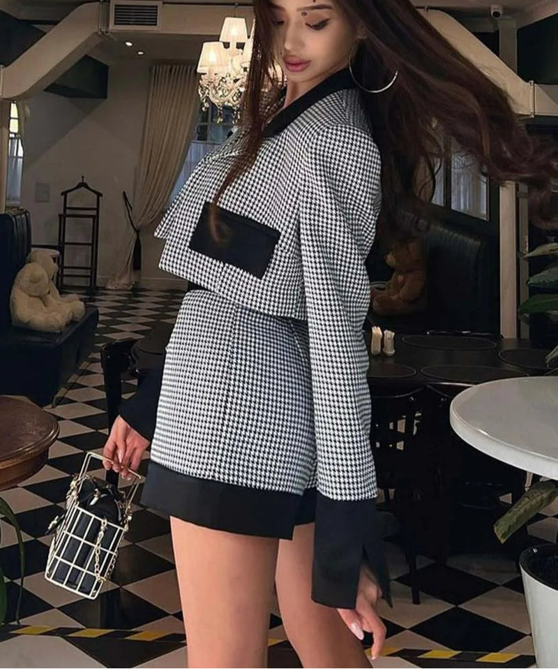 Black White Patchwork Crop Shorts Office Two Piece Set