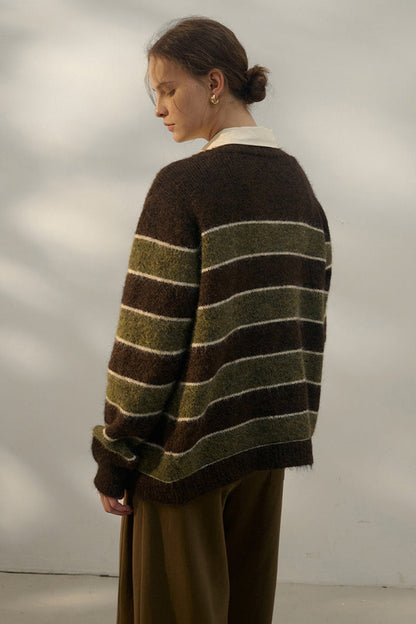 Oversized Stripe Color Block V Neck Knit Cardigan
