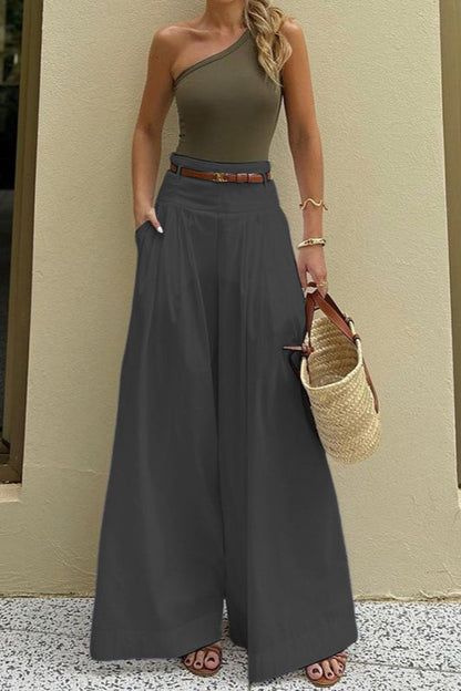 Ruched High-waisted Wide-leg Pants
