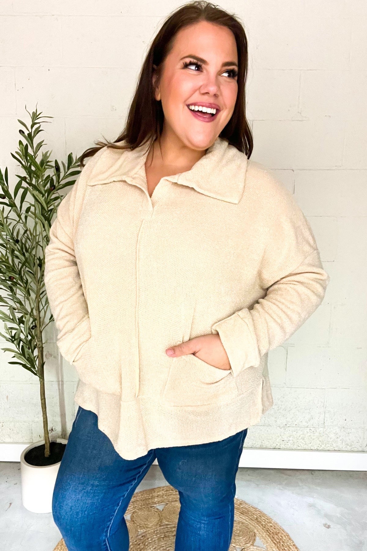 Anke® | Easy Living oatmeal knit sweater with a notched neckline and oversized collar