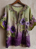 Pansy Floral Embroidered Forest Gradient Flowy Linen Shirt elevenforest
