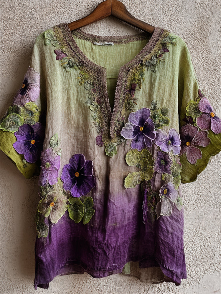 Pansy Floral Embroidered Forest Gradient Flowy Linen Shirt elevenforest