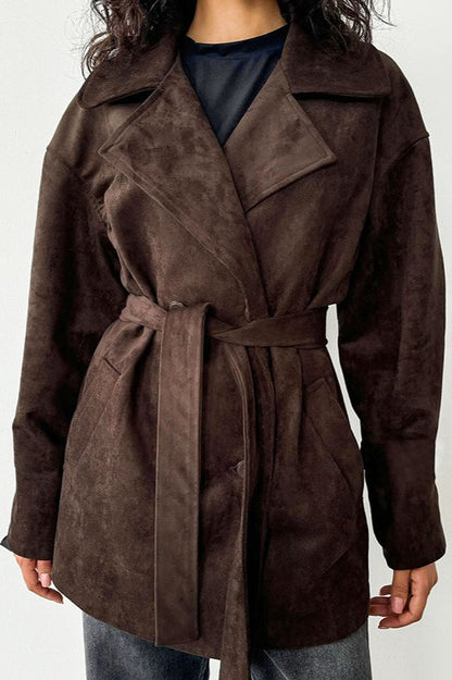 Brown Suede Tie Waist Overcoat