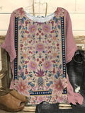 Vintage Floral Art Print Casual Linen Blend Shirt