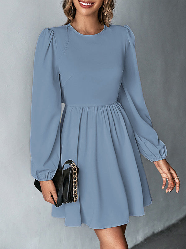 A-line Bishop Sleeve Backless Elasticity Hollow Pleated Color Tied Round-neck Mini Dresses