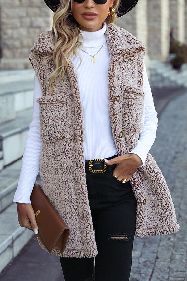 Lapel Sleeveless Pocket Loose Long Vest Coat