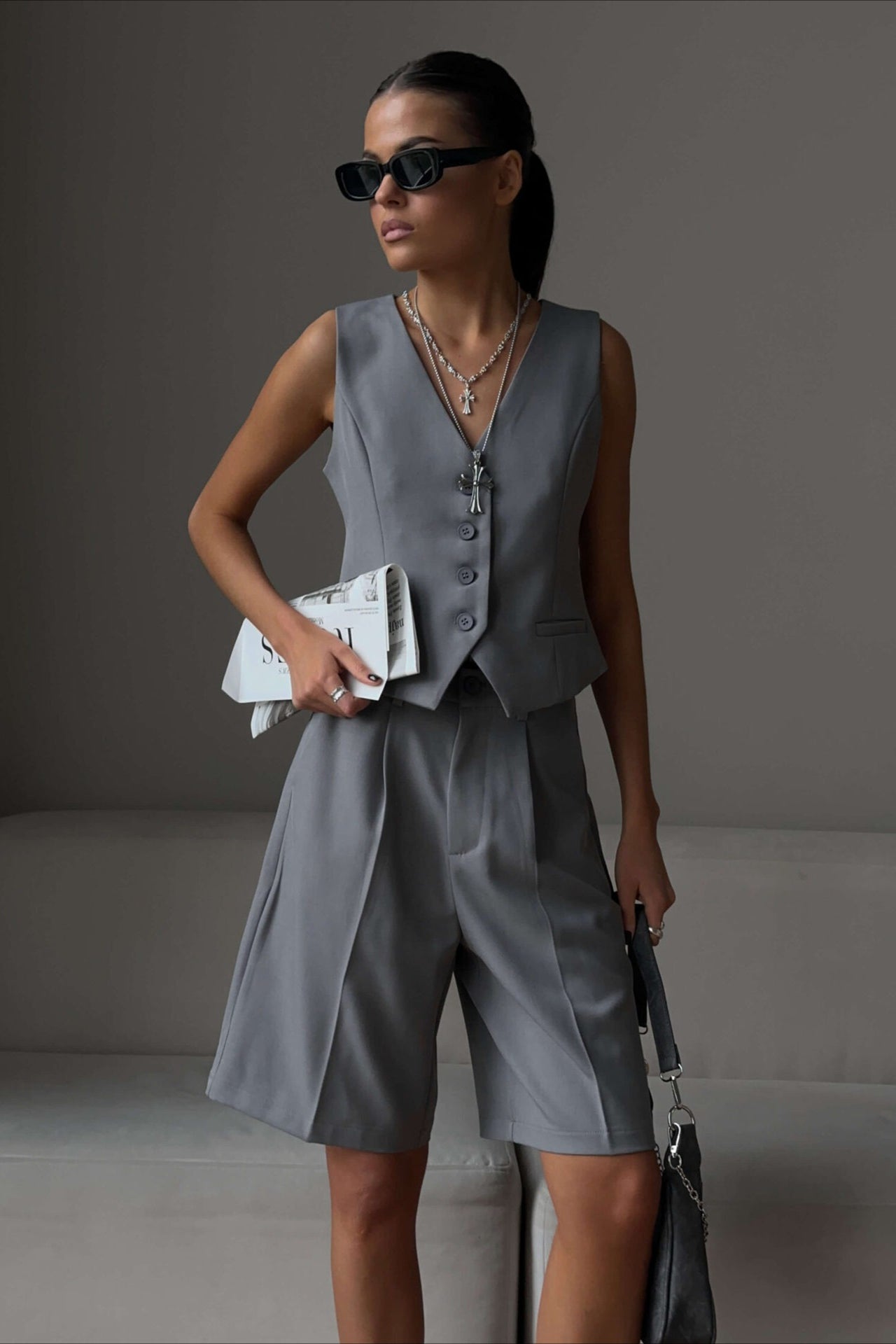 V Neck Single Breasted Two Piece Vest Shorts Set