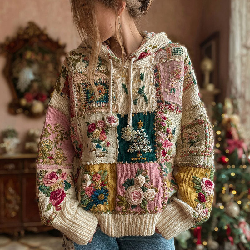 Women's Christmas Tree And Floral Pattern Knitted Hooded Sweater elevenforest
