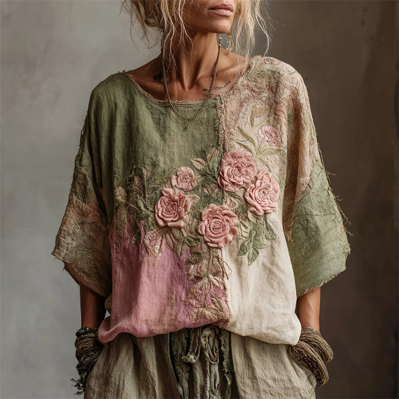Vintage Pink Roses Embroidered Contrast Patchwork Linen Shirt elevenforest