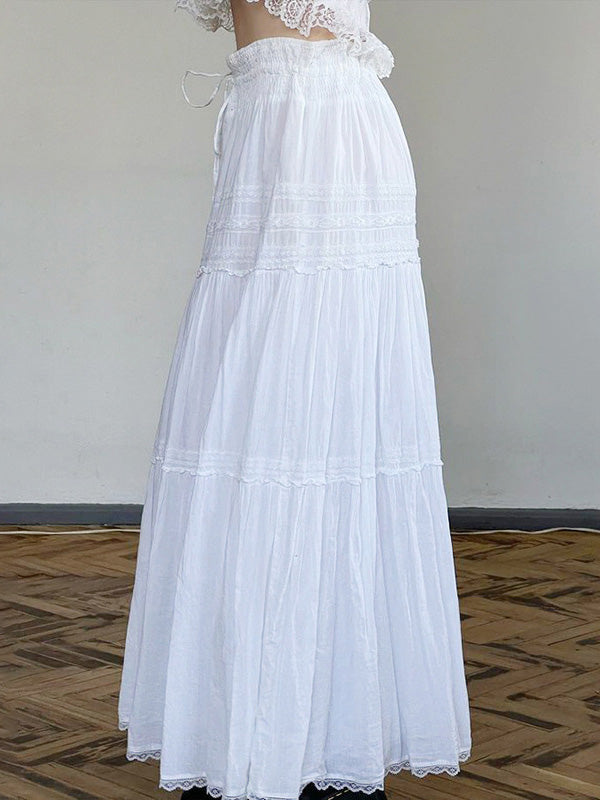White Lace Splicing Straps Maxi Skirts