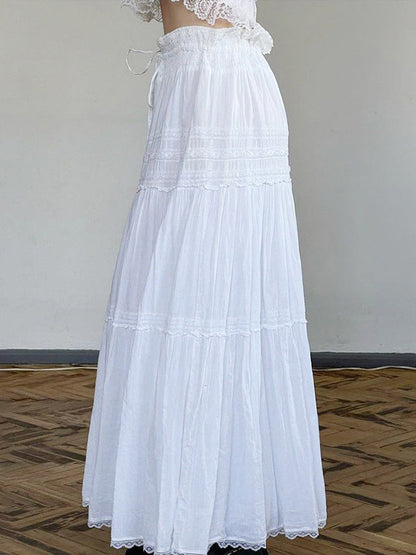 White Lace Splicing Straps Maxi Skirts