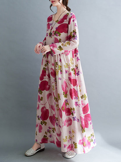 Long Sleeves Loose Flower Print Split-joint Round-neck Midi Dresses