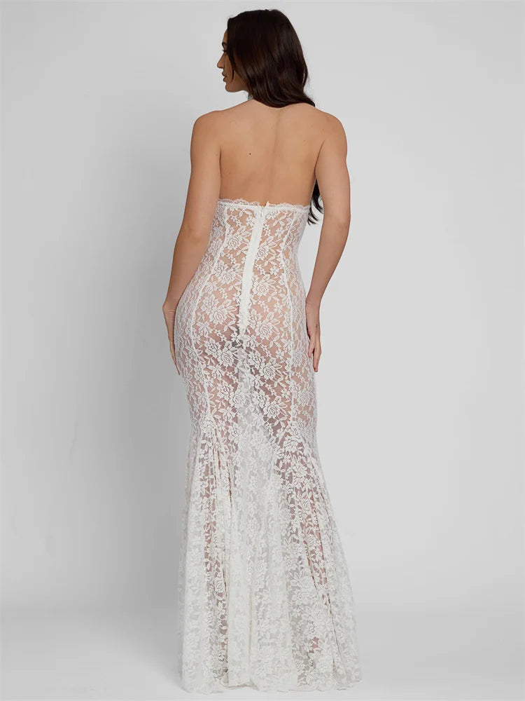 White Lace Printed Maxi Dress for Summer Backless See-through Patchwork Beach Dress Female Long Dress