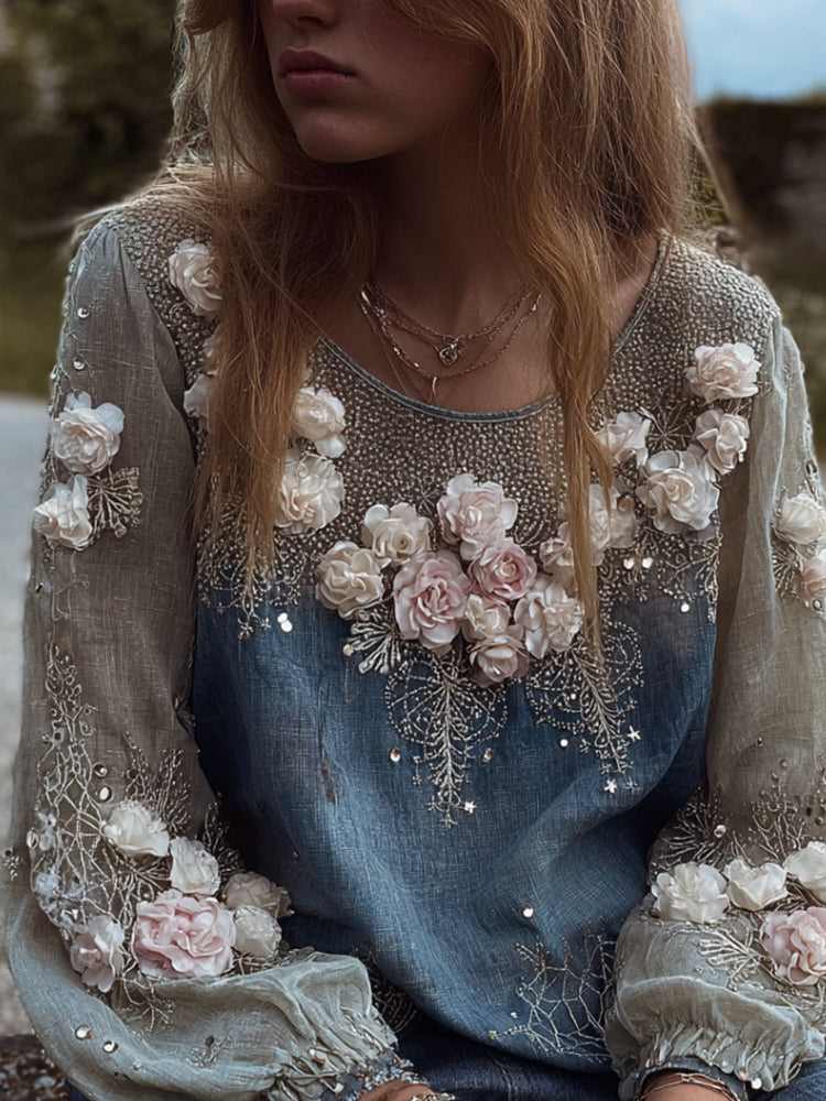 Stereoscopic Embroidery Rose Melancholy Blue Casual Long-sleeved Shirt elevenforest