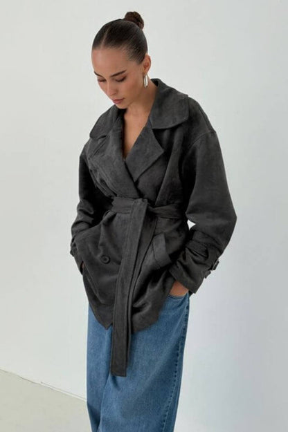Suede Lapel Tie Waist Jacket Coat
