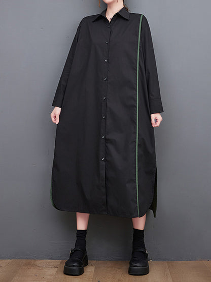 Long Sleeves Loose Asymmetric Buttoned Split-joint Split-side Lapel Midi Dresses Shirt Dress