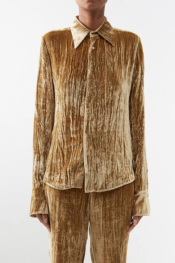 Textured Turndown Collar Long Sleeve Blouse