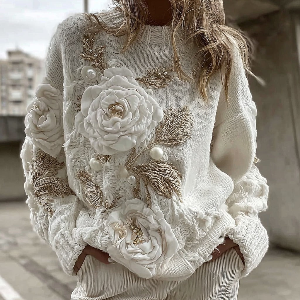Women's Vintage White Rose Chunky Knit Turtleneck Sweater elevenforest