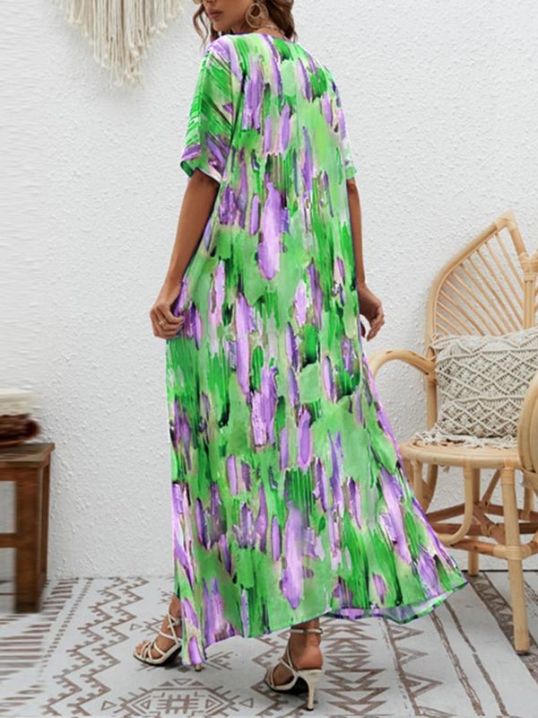 Loose Short Sleeves Contrast Color High-waisted Printed V-neck Maxi Dresses