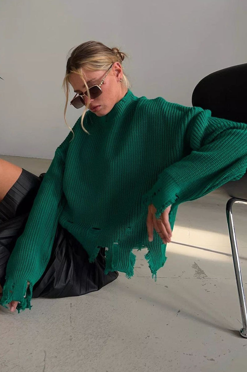 Edgy Distressed Crew Neck Sweater