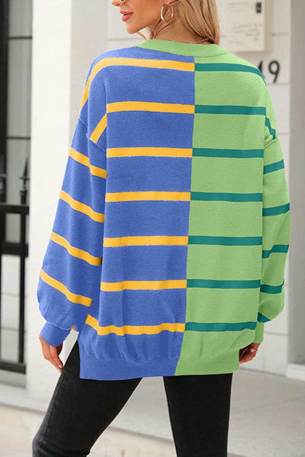 Striped Long-sleeved Sweater, Round Neck Pullover Fashionable Sweatshirt
