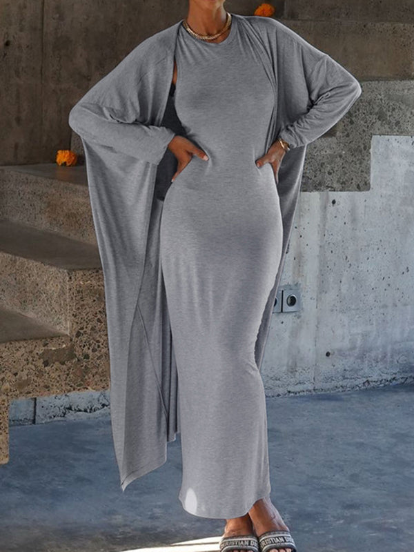 Long Sleeves Color Round-neck Inner Dress + Bodycon Outerwear Two Pieces Set
