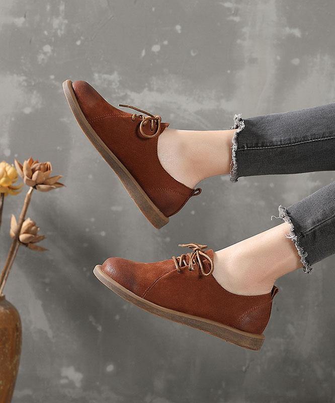 Cross Strap Flat Shoes Brown Cowhide Leather