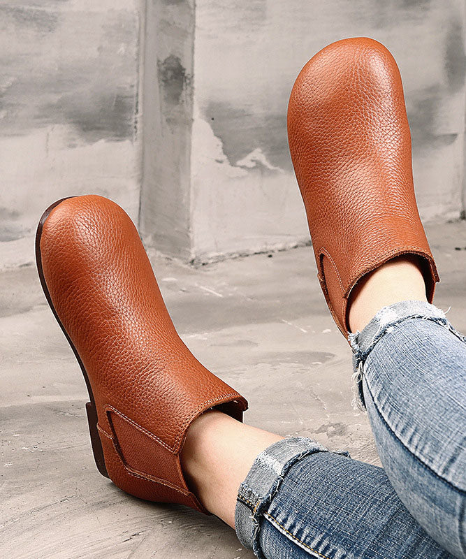 Coffee Boots Cowhide Leather Warm Fleece Flat Boots