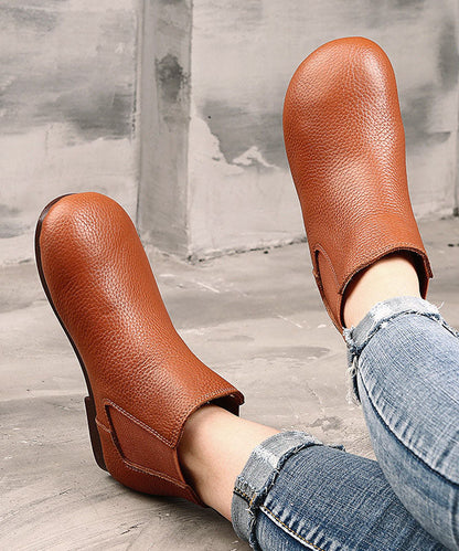 Coffee Boots Cowhide Leather Warm Fleece Flat Boots