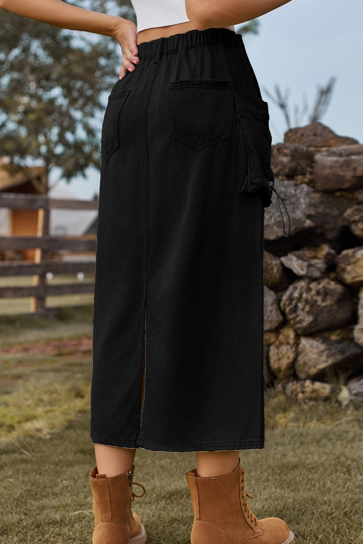 High-waist Denim Cargo Midi Skirt