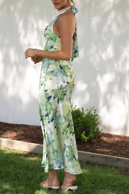 Spice Girl High Neck Temperament Slit Printed Dress Long Skirt