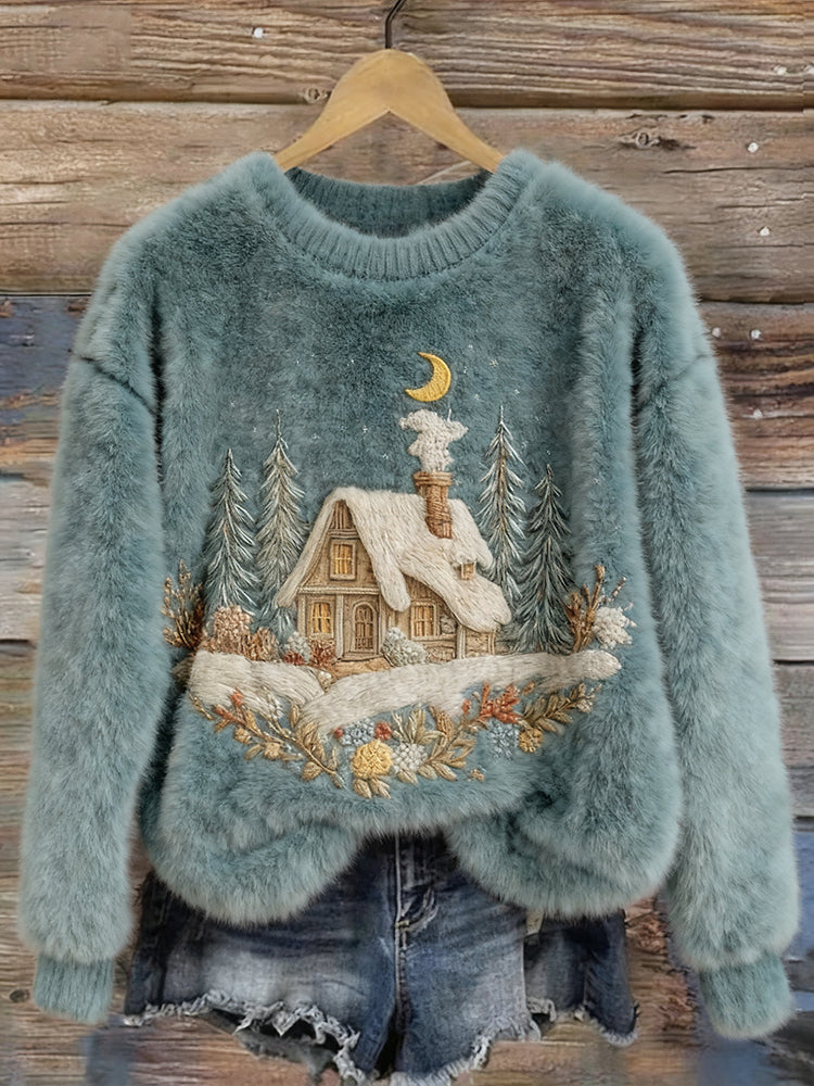 Comstylish Cozy Winter Cottage Embroidered Pullover Plush Sweater