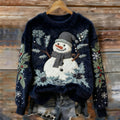 Women's Vintage Christmas Snowmen  Holly Leaf Art Cozy Plush Sweater