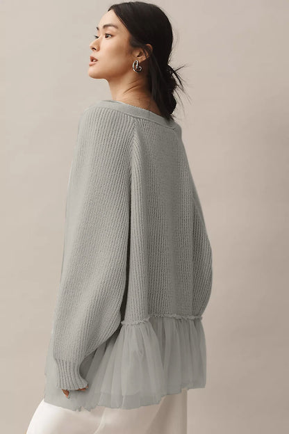 Ruffled Tulle Knit Long-sleeve Cardigan