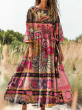 Women's Vintage Ethnic Floral Art Print Flowy Cotton Crew Neck Dress