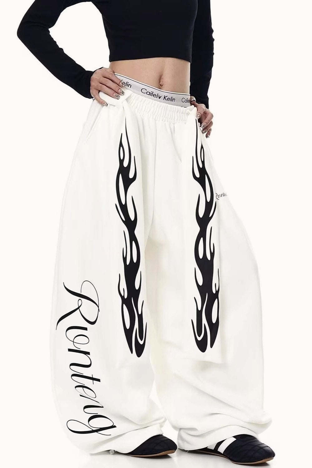 Flame Print Detachable Tie Curved Sweat Pants