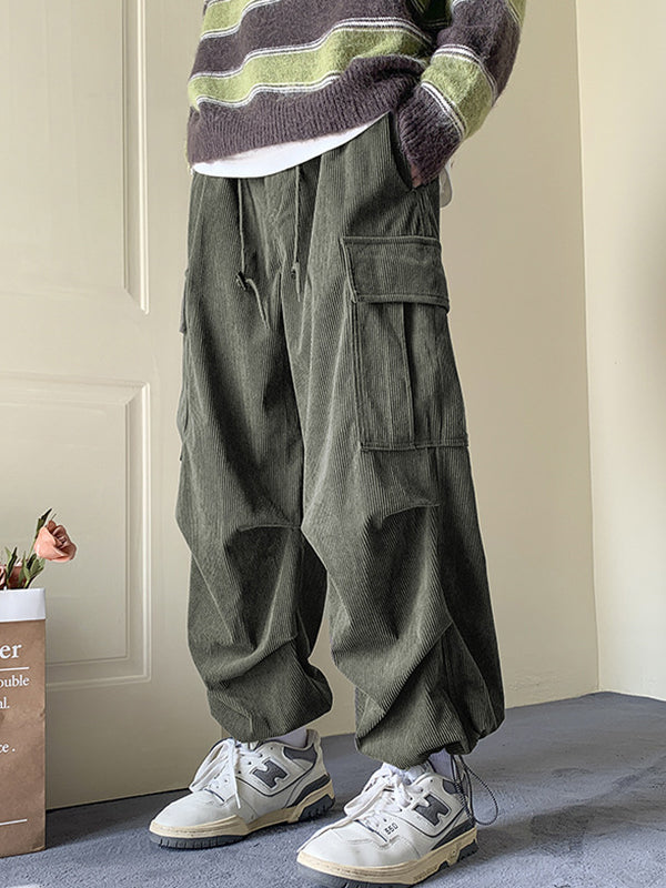 Green Corduroy Big Pocket Bound Feet Drawstring Cargo Pants