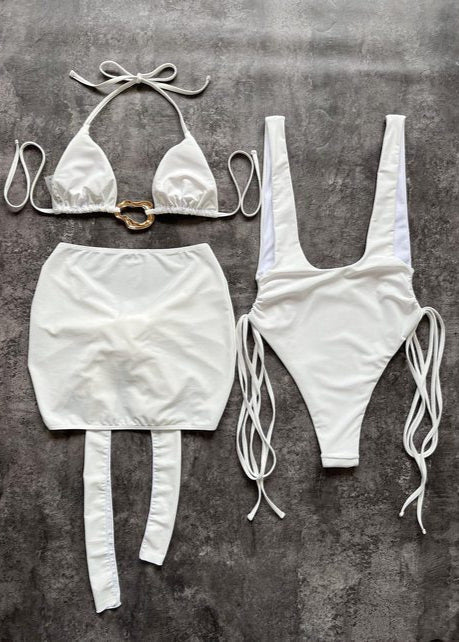 White Sands - 3-in-1 Cut-out Swimsuit Set With Wrap Skirt