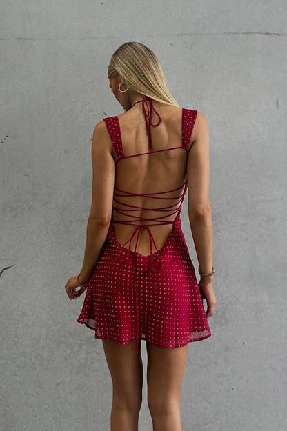 Chiffon Polka Dot Backless Tie Mini Dress