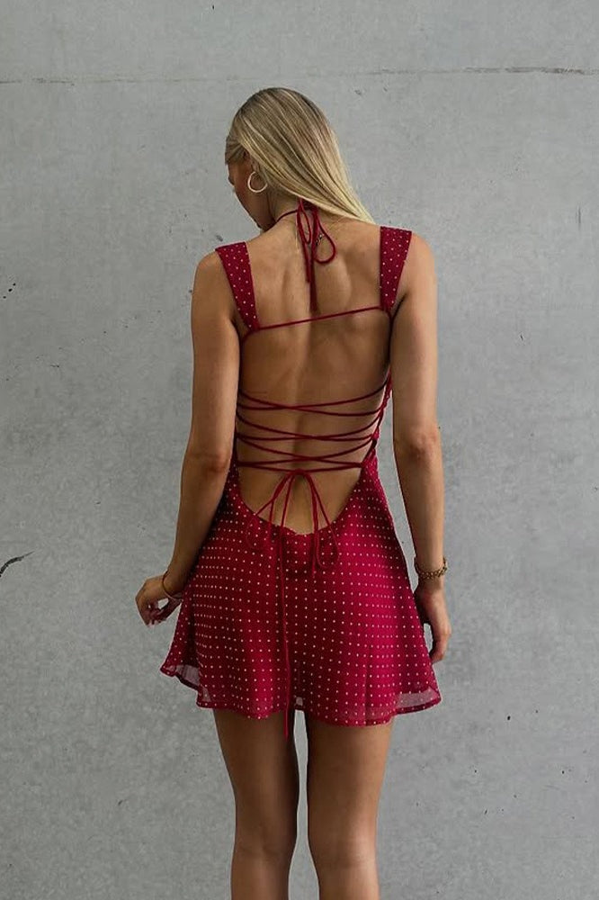 Chiffon Polka Dot Backless Tie Mini Dress