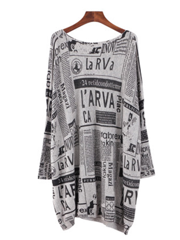 Loose One-shoulder Newspaper Printed Split-joint Sweater