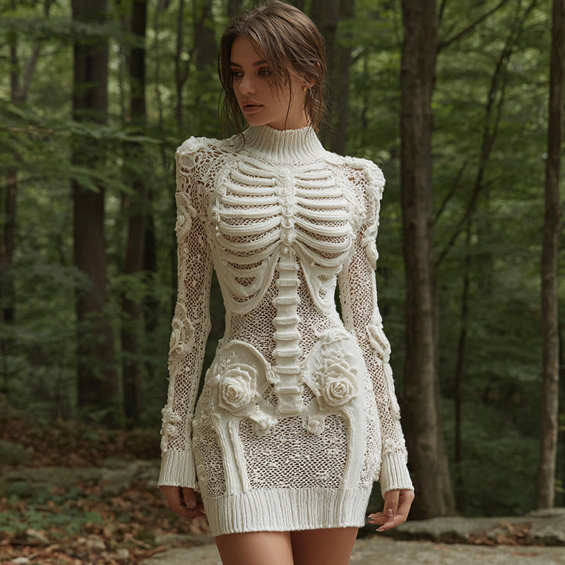 Women's Vintage Halloween Skeleton Bones Comfortable Elegant Sweater Dress elevenforest